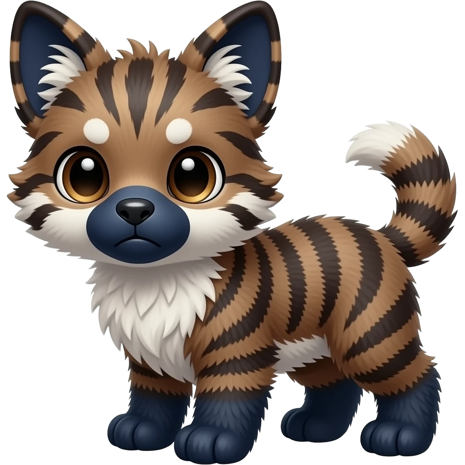 4-legged bushy soft realistic innocent sad pretty precious cute young vertical-dark-brown-striped-and-white-striped Fakémon-Pokémon-feline-Zeraora-Bobcat-serval-caracal-chinchilla-Cinccino-Meowstic-rodent-hybrid-creature (full body) with dark-blue muzzle, dark-blue puffy fluffy paws, tufted ears emoji
