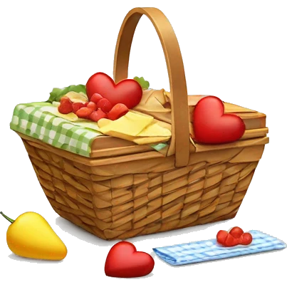 Heart shaped picnic basket with food in it and a white bow on the side of the basket emoji