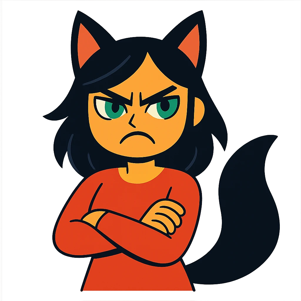 A girl with black fox ears and a tail, green eyes, dark hair, looking angry emoji