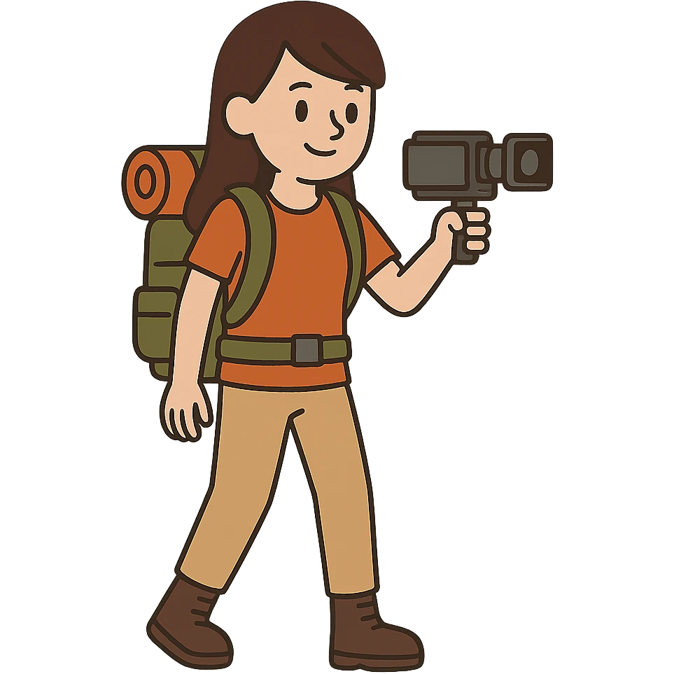 flat toon style hiking woman with brown hair holding a video camera emoji