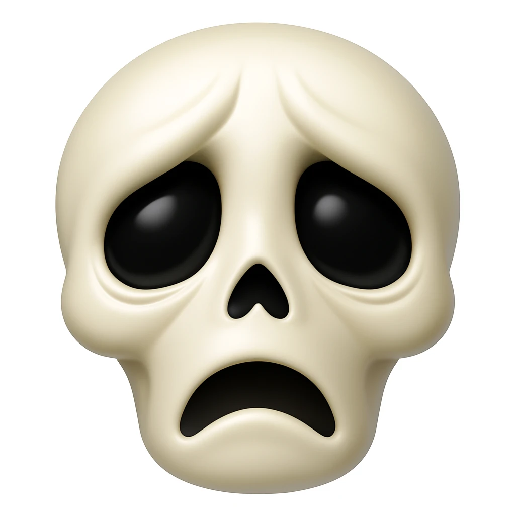 Make a sad skeleton face emoji exactly like the reference image, in iOS emoji style. Same expression, shape, and details, smooth and shiny. emoji