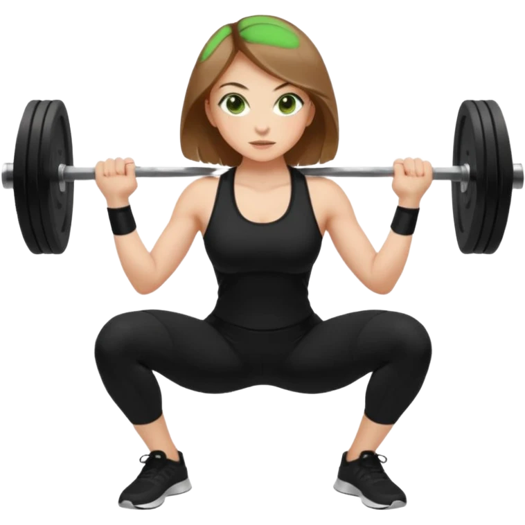 Beautiful woman with light brown shoulder length hair popping a squat without any weights. Make her with a little lighter, brown hair and green eyes. Make her fair skinned and wearing a black workout suit. emoji