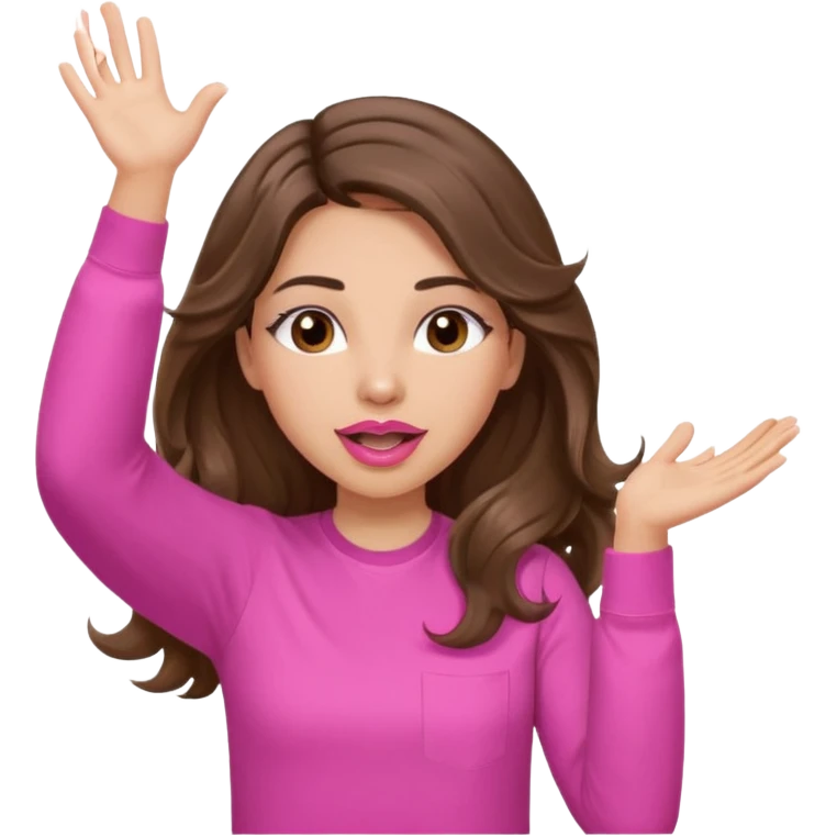 girl with long wavy brown hair, brown eyes, light to medium complexion, in a pink shirt, pink lips, long lashes, puckered lips, both hands all the way up in the air, cheering emoji