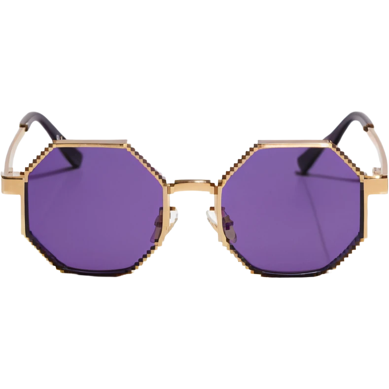 retro 70s octagonal sunglasses with purple lenses and gold frames emoji