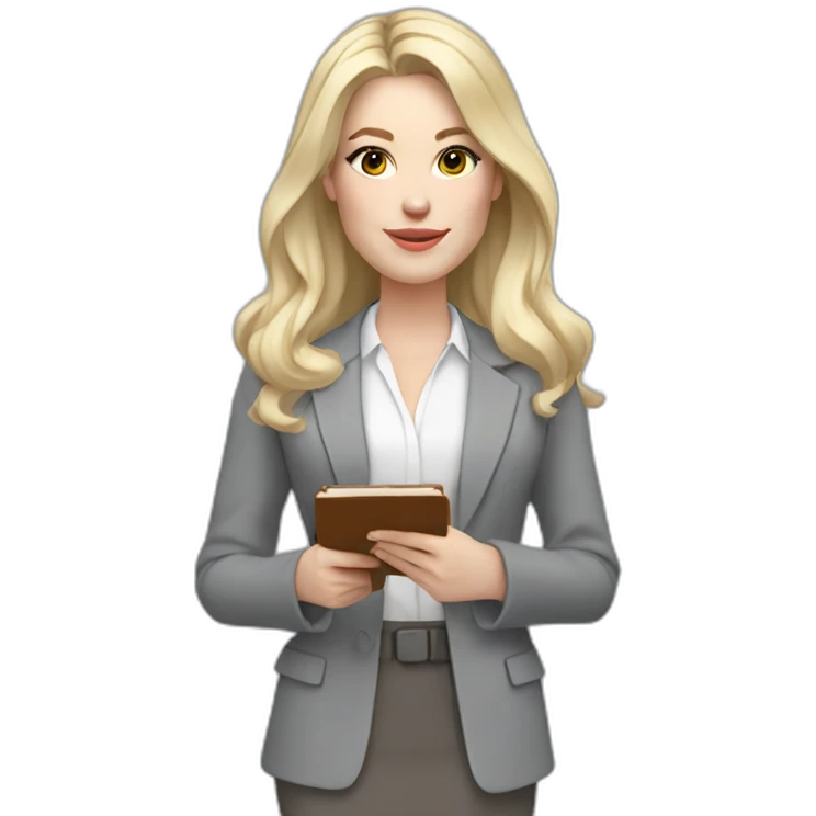 pale skin woman interior designer with cold blonde straight middle length hair, White blouse, Gray oversize jacket, Gray skirt holding a color palette in the hands emoji