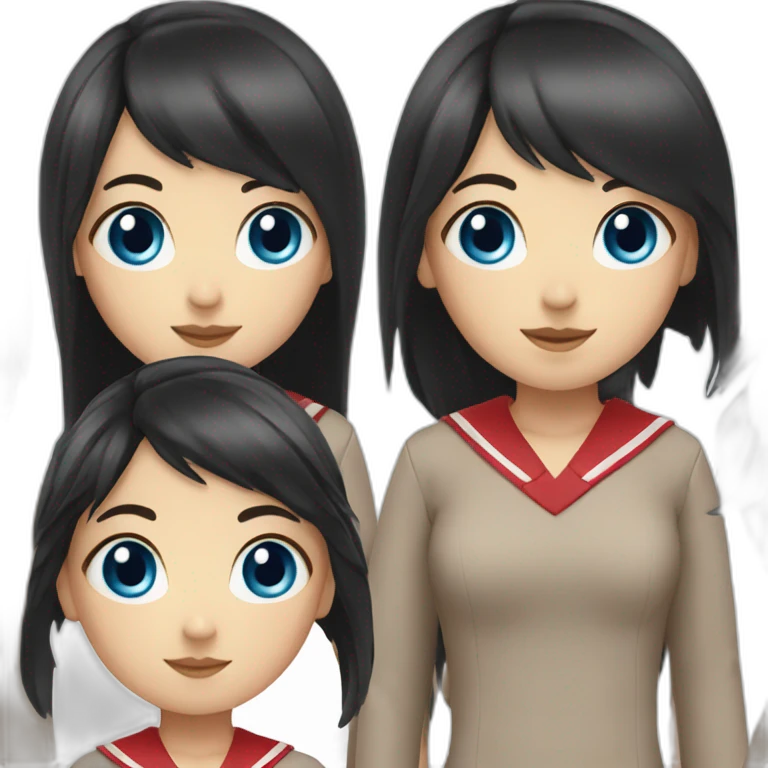 girl with long black hair, thick bangs, blue eyes, red school uniform emoji