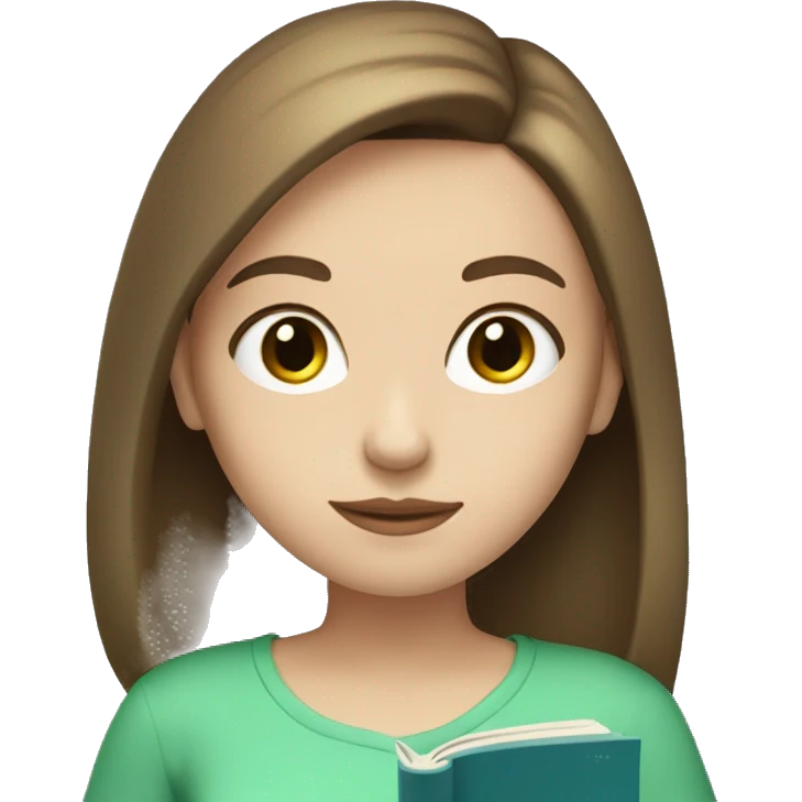 Girl with straight chin length brown hair and pale skin tone and blue green eyes reading a book  emoji