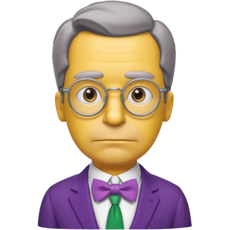 simpsons yellow man with neatly parted brown-gray hair, thick rectangular eyebrows, large round eyes behind thin glasses, a pointed nose, and a green suit with a white collar and purple bow tie. emoji