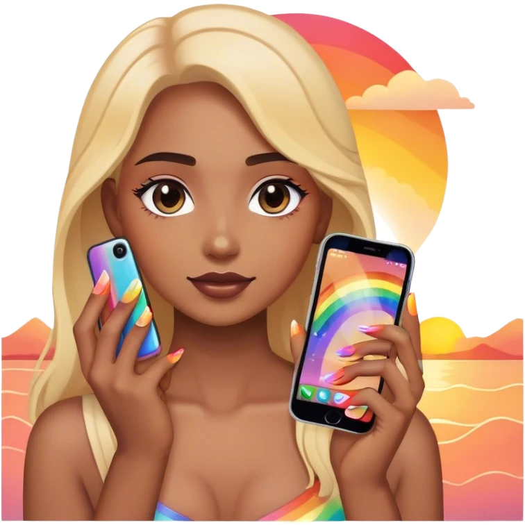 A person holding a phone with a sunset, phone cover and with rainbow nails emoji