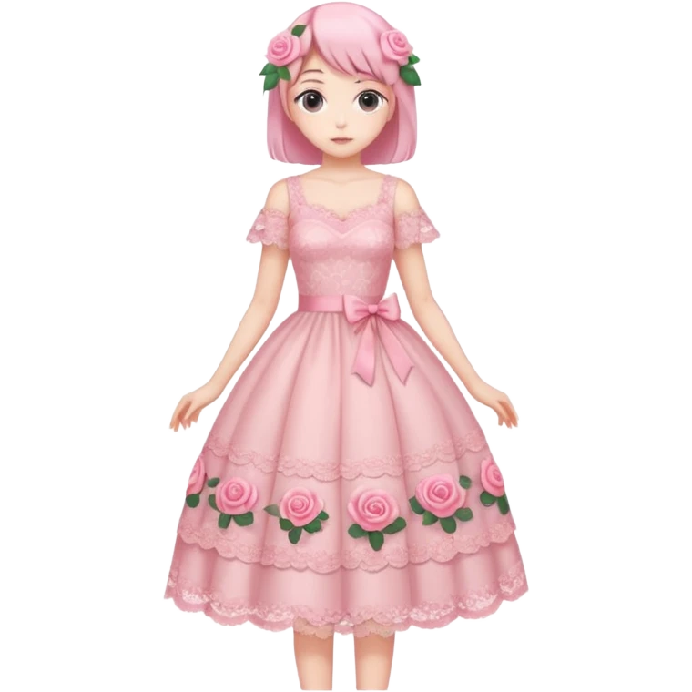 pastel anime woman with pink roses lace dress full body emoji