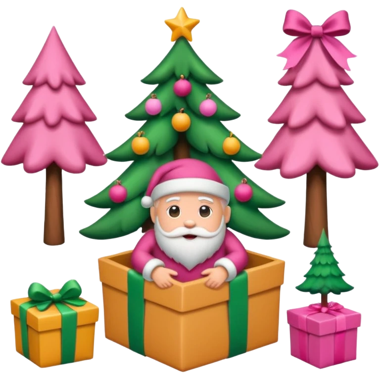 emojis estilo pixar de la cara de santa, arbolito rosa, reno, lazo coquet,bastones de caramelo rosa, caja de regalo rosa, arbolito verde con bambalinas rosa emoji