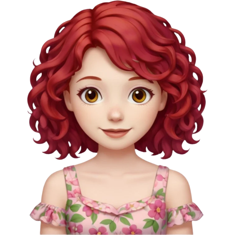 girl with shoulder length curly cherry red hair with brown eyes and pale skin smiling. pastel dress emoji