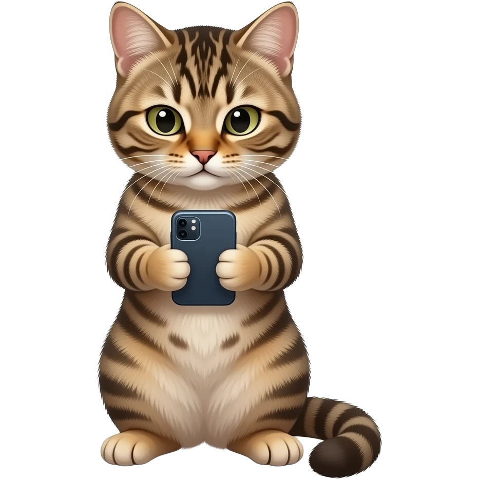 Glossy 3D rendered realistic cat standing upright on two legs, detailed fur and features, eyes and head directed downward toward a smartphone held in its paws, soft shading, white background emoji