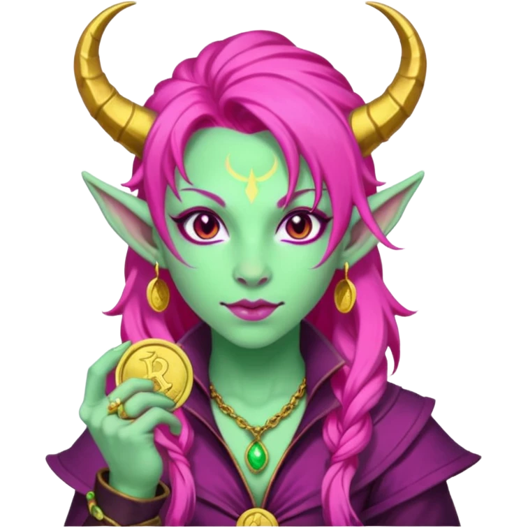 A D&D tiefling with pale green skin and long hot pink hair. She is a rouge and is obsessed with gold emoji
