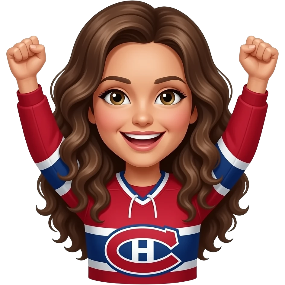 Cheering Habs Montreal fan red jersey emoji, brown lady with  long curly hair emoji