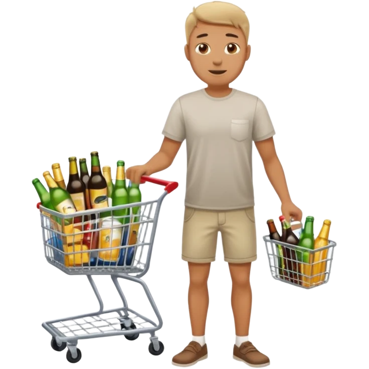 man with a shopping cart full of beers and wines full body emoji