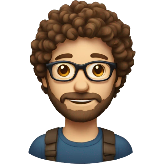 A man with brown curly hair, round glasses, an unregular beard, emoji