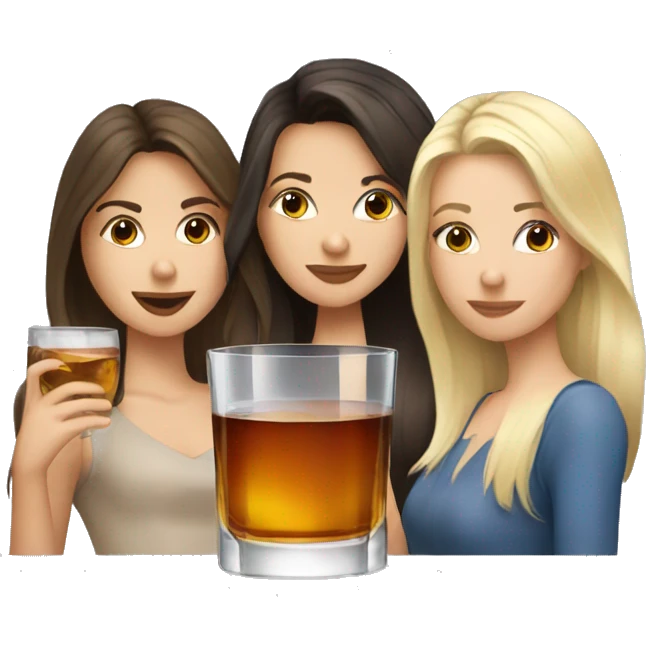 Three girls - brunette, blonde, brunette, drinking whiskey with ice in a square glass emoji