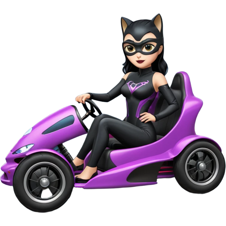 full size real-appearance electric road racing sexy CatWoman’s feminine midnight-colored tight outfit sixty’s tv show dark stealthy accurate sporty safe plush deluxe off-road pursuit drifting car jaguar accents (black hair,reclined and relaxed torso and shoulders seating position) go kart  emoji