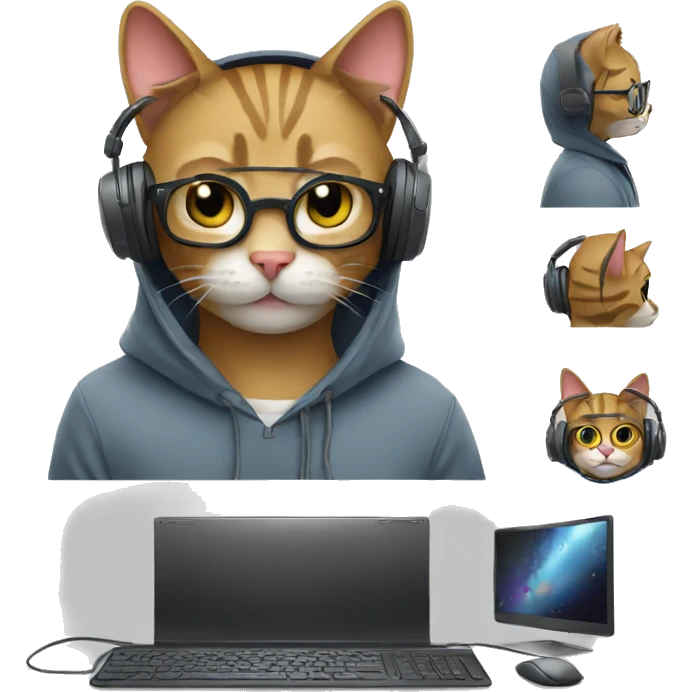 cat is a graphic designer in a hoodie and headphones, working at a computer in photoshop emoji