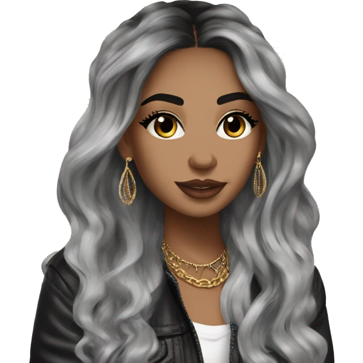 Glamorous, streetwear, black balayage hair, long wavy hair, olive skin, brown almond eyes, winged eyeliner with big lashes, wearing hooped earrings, rings and bracelets  emoji