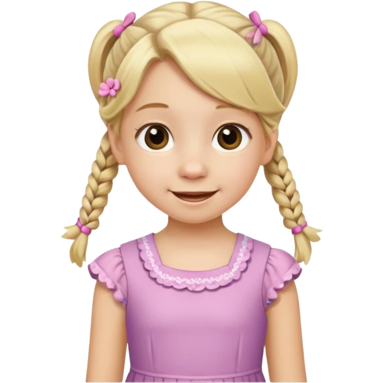 10 year old girl emoji, blonde hair in pigtails, wearing a dress, cheerful expression emoji