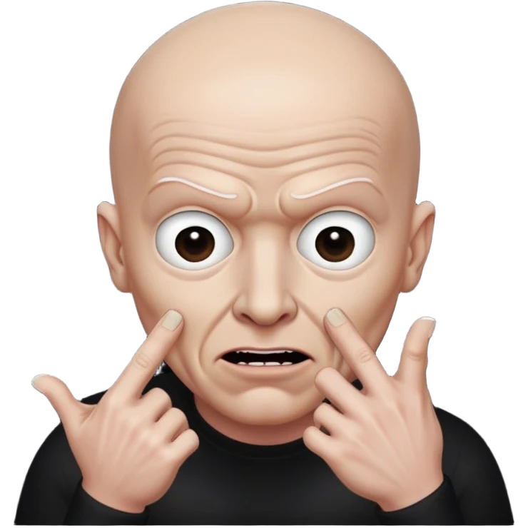 Rick Astley with bald head possessed by a demon because there is fingers in front of his face and the background is pitch black emoji