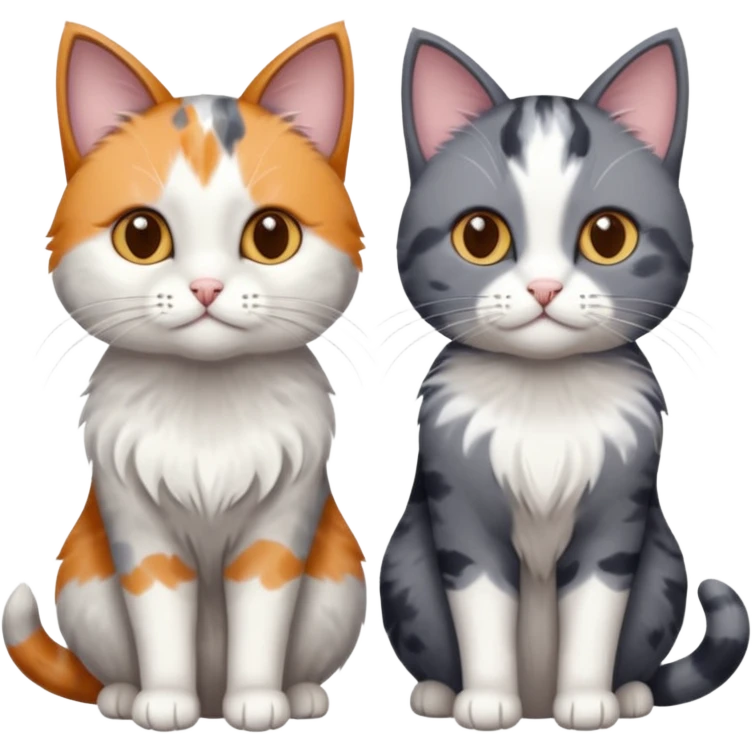 3 different coloured small cats including a dark grey and white, and a patchy calico and a solid grey with only white paws emoji