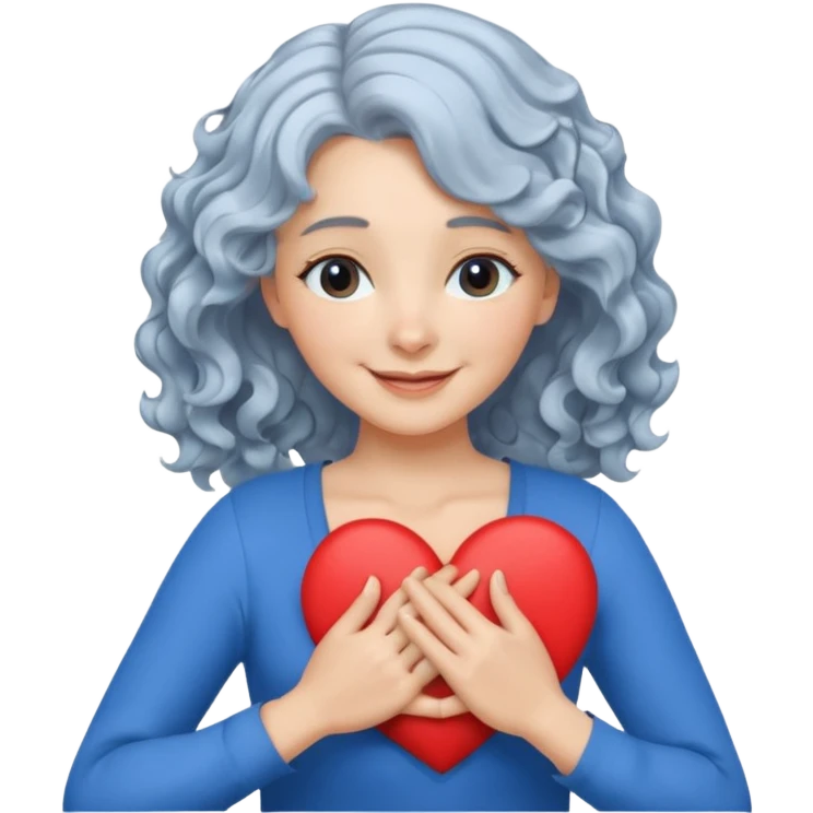 Silverhair, wavy/curly hair chin-length lady giving hug with 2 arms, blue v-neck and smiling, add a heart emoji
