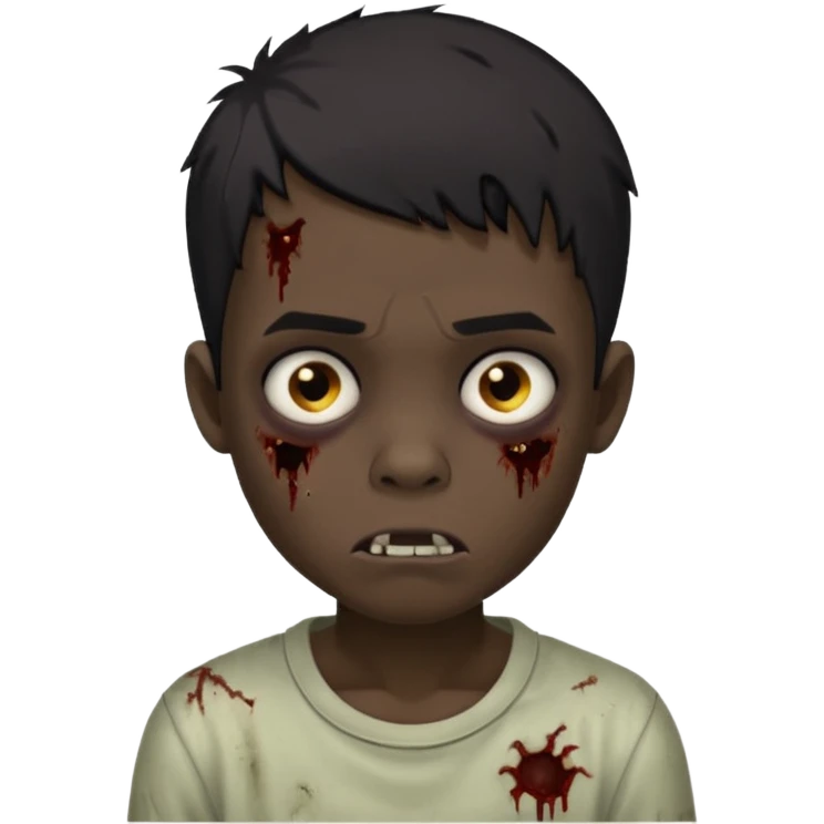 Make a boy zombie with a dark skin and short black hair 4c, spook and creepy expression emoji emoji