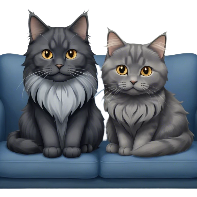 Portrait of a black smoke Maine Coon cat with long grey ear tufts, alongside a British Shorthair cat with a solid blue coat on sofa. Both cats with detailed fur textures and playful expressions. Soft, elegant background of room with warm, natural tones. Transparent background. emoji
