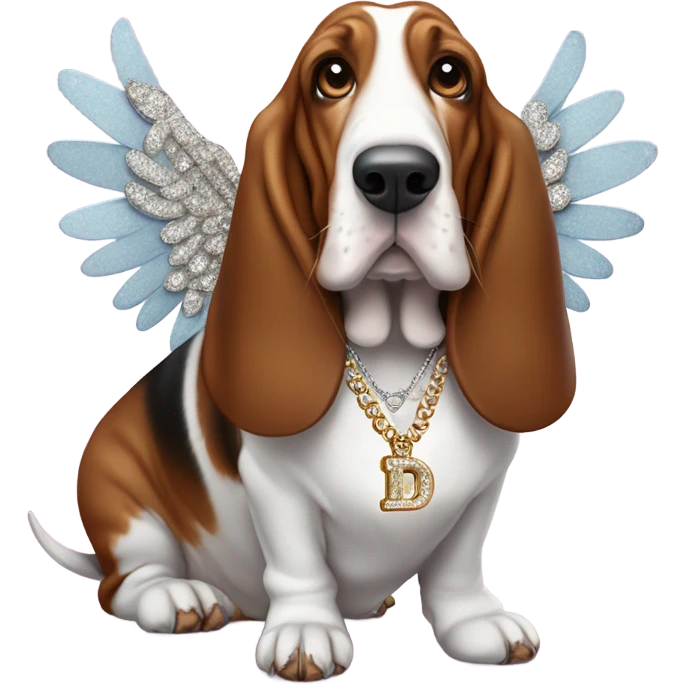Elderly Basset hound with angel wings eating a box of chocolates and wearing a large letter D bling necklace emoji