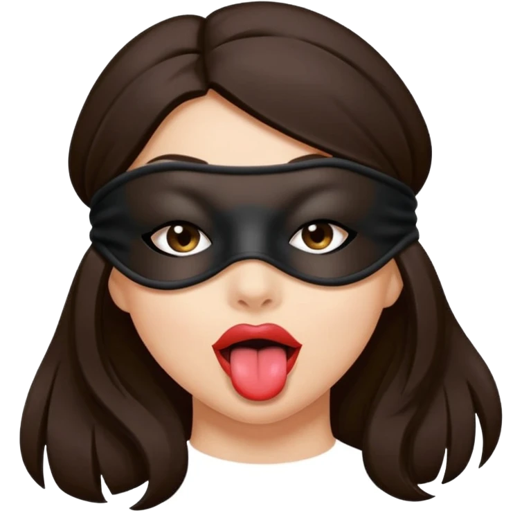 woman with dark brown hair wearing black fabric over eyes with tongue out emoji
