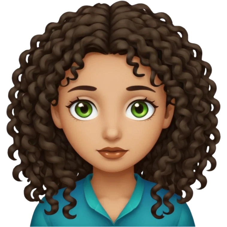 Girl with olive skin, blue/green eyes, and dark brown loose curly long hair emoji