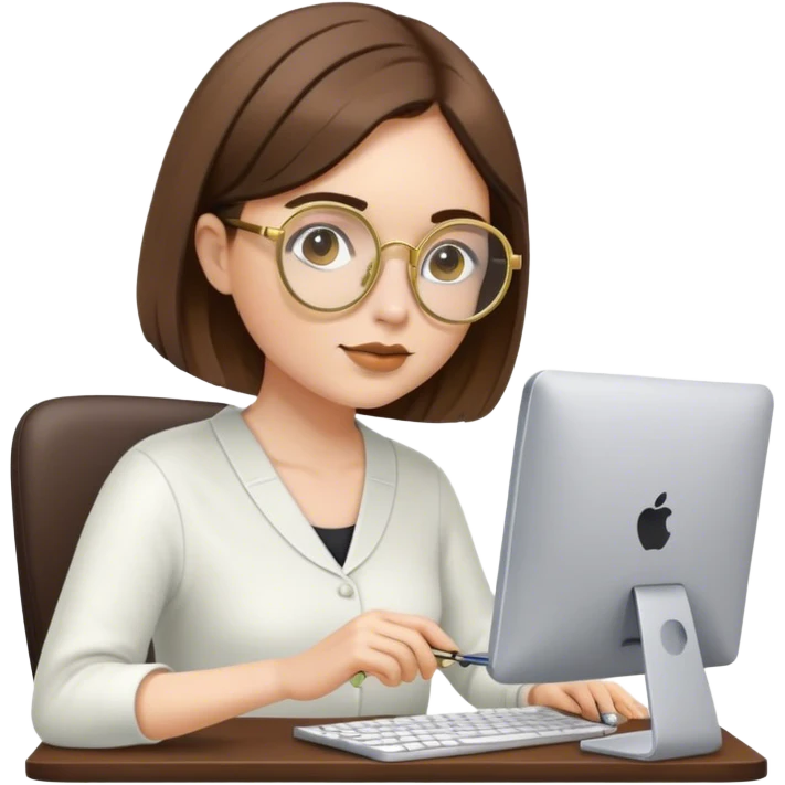 white woan with asymetric bob cut brown hair with round gold glasses working on a pc emoji