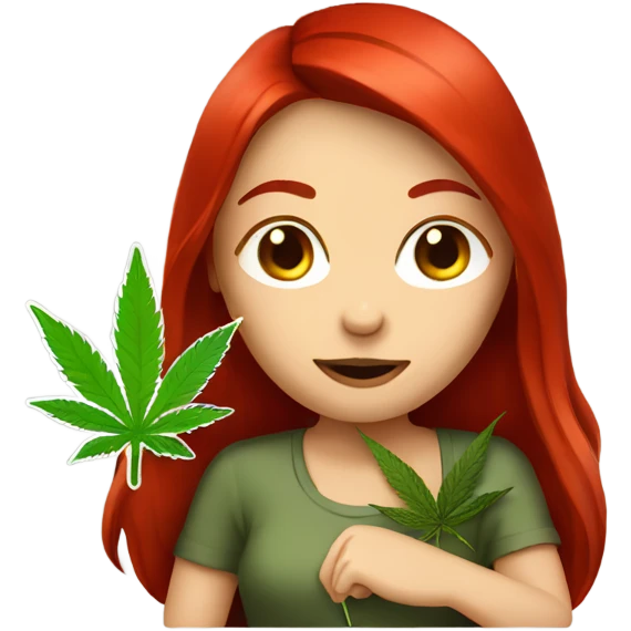 female blood red hair, sitting, holding marijuana leaf  emoji