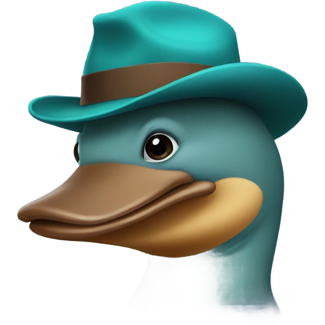Teal-colored platypus wearing a brown fedora emoji
