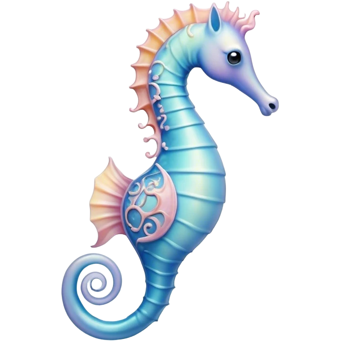Cinematic Noble Sea Horse Portrait Emoji, Poised and enchanting, with a delicate, slender body in soft pastel hues, a gracefully curled tail and large, expressive eyes radiating gentle wonder, Simplified yet charmingly cute features, highly detailed, glowing with a soft, magical aquatic luminescence, high shine, intelligent and endearing, stylized with an air of whimsical marine grace, focused and poised, soft glowing outline, capturing the essence of a watchful and confident seahorse that appears ready to drift out of the screen with delightful charm! emoji