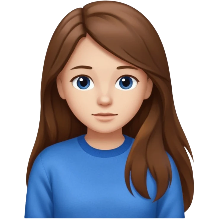 crea una ragazza giovane con i capelli marroni lunghi, una camicia bianca e un maglioncino blu emoji