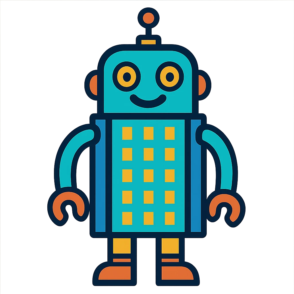 a smiling robot with a body shaped like a skyscraper emoji