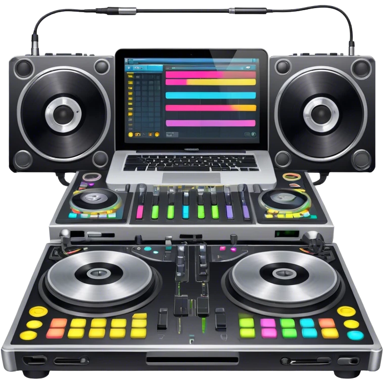 Create a professional and technical emoji that represents remixing music. The design should feature a high-end DJ controller, turntables with vinyl records, and a sound mixing console with faders to symbolize the technical aspects of remixing. Include elements like studio headphones and a laptop or digital audio workstation (DAW) screen to reflect the tools used in music production. Use colors like black, silver, and neon accents to convey the professional, high-tech nature of remixing. The background should be transparent. emoji