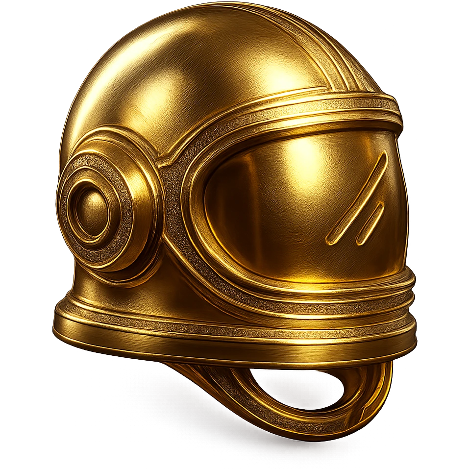 Make the golden pilot helmet more futuristic with sleek lines, glowing accents, and an advanced visor. Keep the shiny metallic gold appearance. No background. emoji