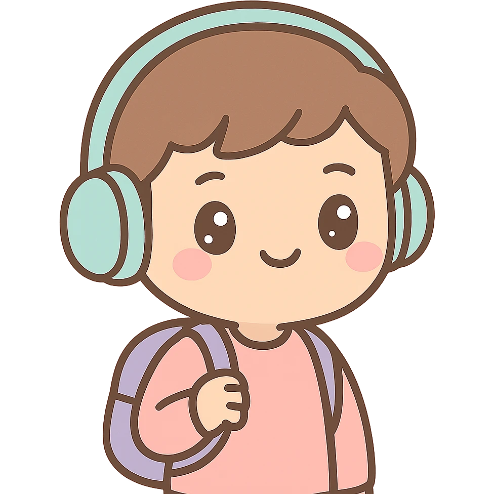 universitario con mochila y auriculares, estilo kawaii emoji