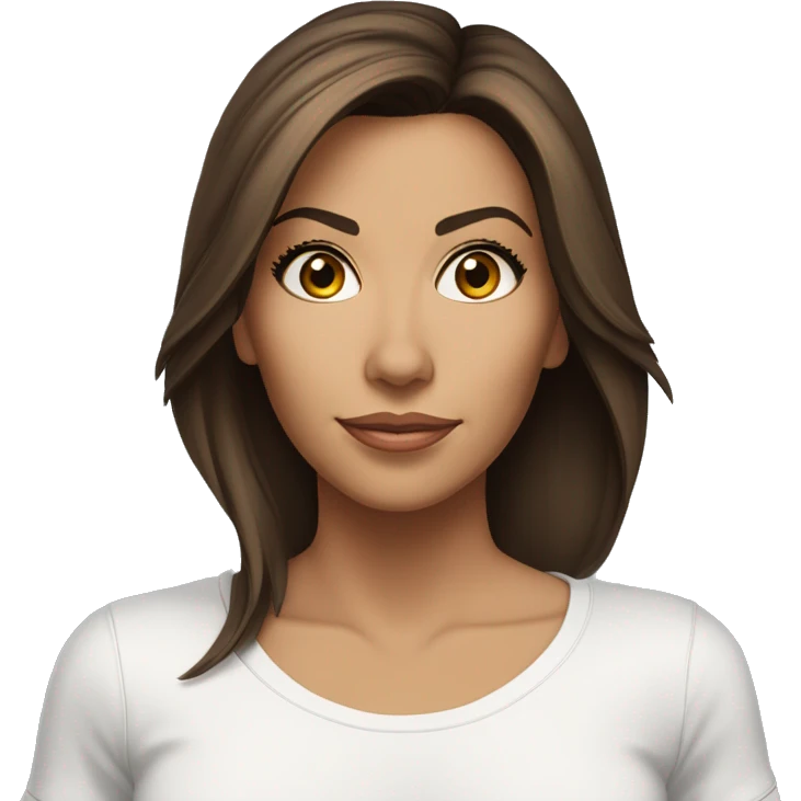 3/4 face, contrasted, shadow, light, Eva Longoria expression, standing from a distance, thin nose, brunette woman, hazel eyes, long eyelashes, dark shoulder shaded hair, white t-shirt, jeans, white sneakers emoji