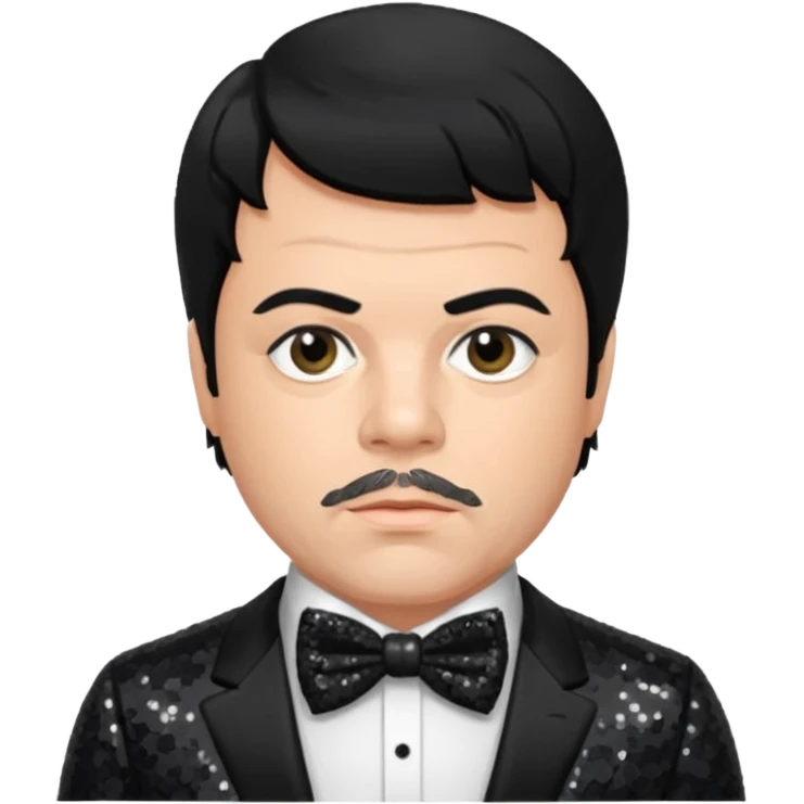Oliver Reed with black hair, black sequin suit with bow tie emoji