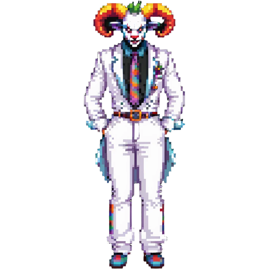 full-body demonic clown in a white leisure suit with bellbottom pants, bald, black ram horns, flashy belt, ruffled shirt, colorful tie, no elevator shoes emoji