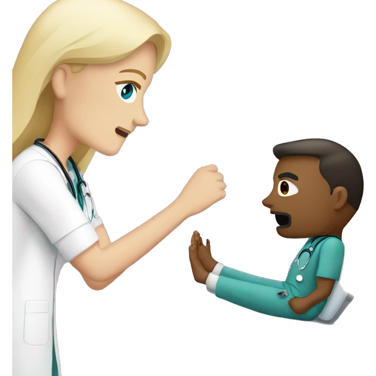 Scared, masculine male patient with a blonde female doctor examining his foot emoji