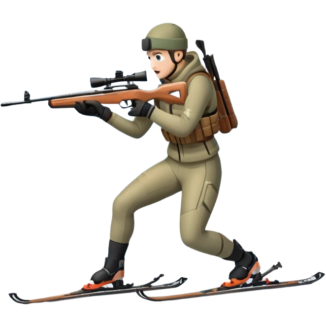 An icon showing a snowy landscape with pine trees, mountains, and a clear sky with a biathlete aiming a rifle in the foreground, wearing winter gear and skis. Transparent background emphasizes the precision, endurance, and beauty of this winter sport. emoji