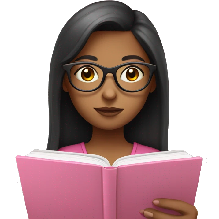 girl with glasses and dark hair reading on a pink tablet emoji