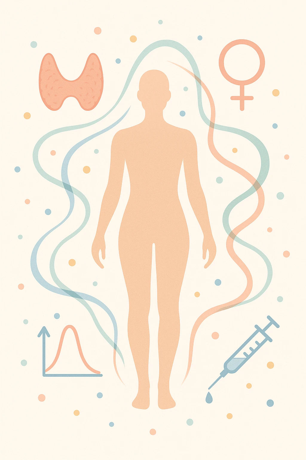 Il corpo è circondato da simboli delicati e bilanciati che rappresentano equilibrio ormonale e metabolico: piccoli cerchi, flussi energetici colorati, simboli stilizzati di tiroide, picco insulina, estrogeni.  emoji
